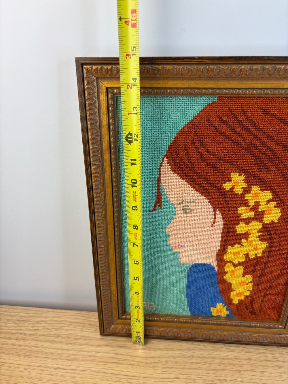 Vintage Handcrafted Needlepoint Redhead Girl Portrait Wall Art 15” x 11” - Picture 7 of 8